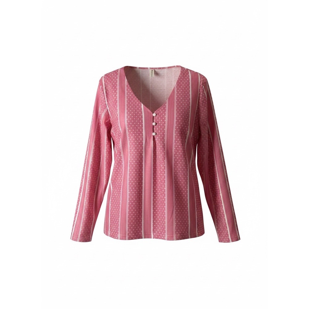 Zolucky Pink Striped Polka Dot V-Neck Long Sleeve Top XXL Womens Casual Blouse